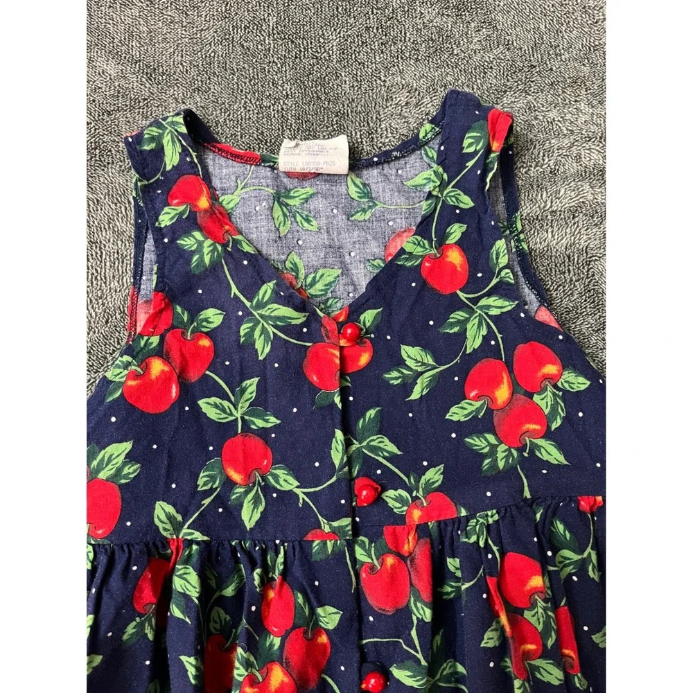 Vintage Fame Kids Apple Polka Dot Dress Navy Blue Red‎ Size 5X Made in USA